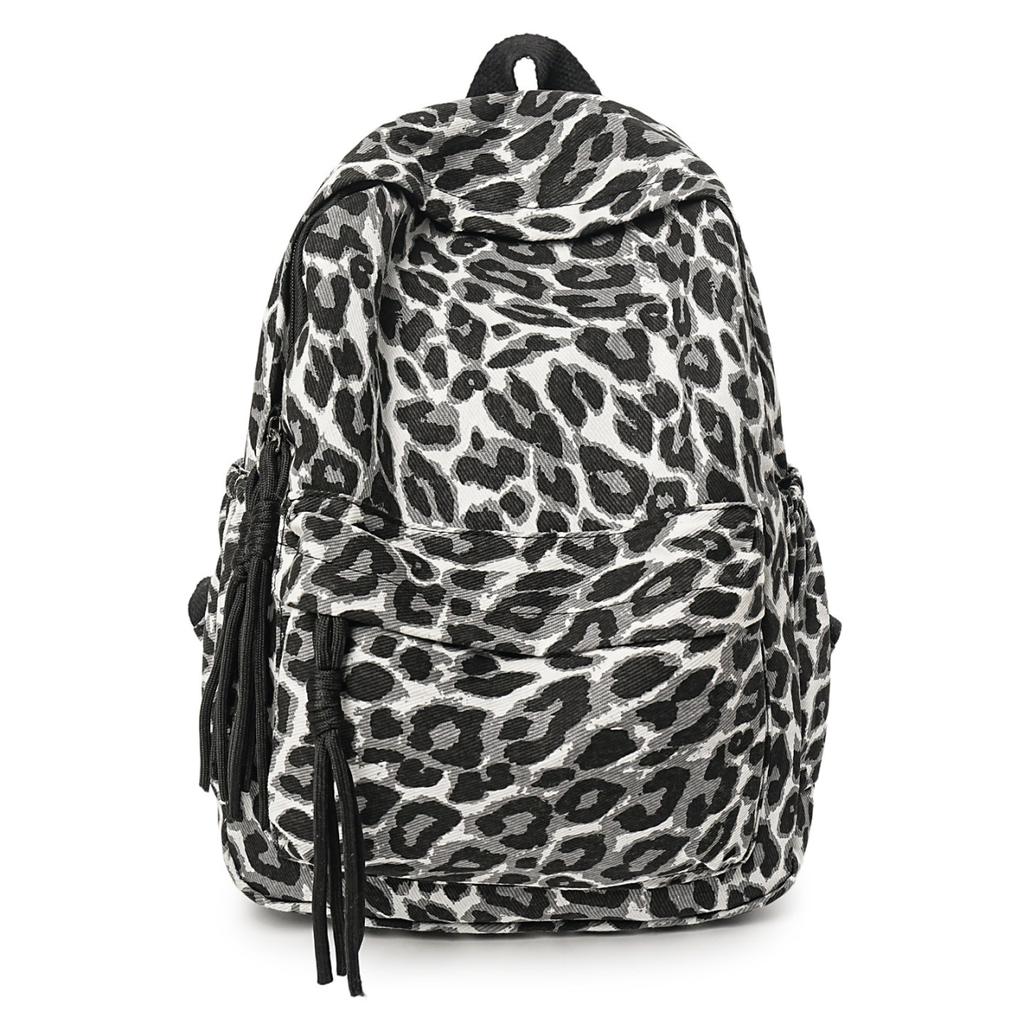 Leopard Print Backpack Casual Daily Use Trendy Street Style Lightweight Backpack for Women with Tassel Detail for School Travel and Everyday Outings