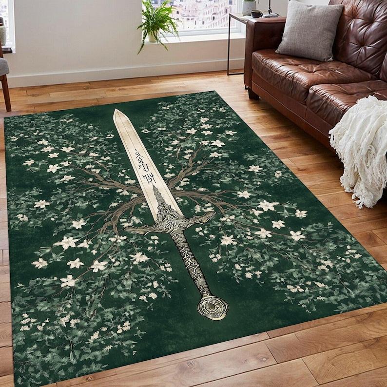 

Фэнтези Меч Дерево Рун Магический Ковер Готический Средневековый Стиль Зеленый Эльфийский Ковер для Спальни Игровой Комнаты Декоративный Напольный Коврик 60*90cm