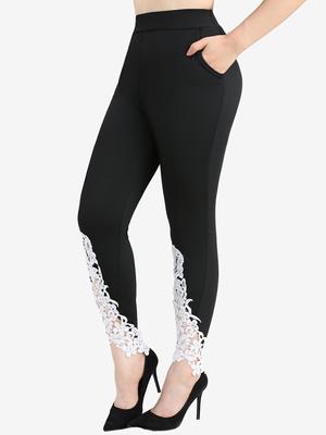 Rosegal Plus Size Blad Bloemen Appliques Kant Zakken Legging