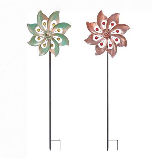 Metal Flower Wind Spinner Garden Kinetic Wind Sculpture Outdoor Retro Wind Spinner with Stake for Yard Lawn