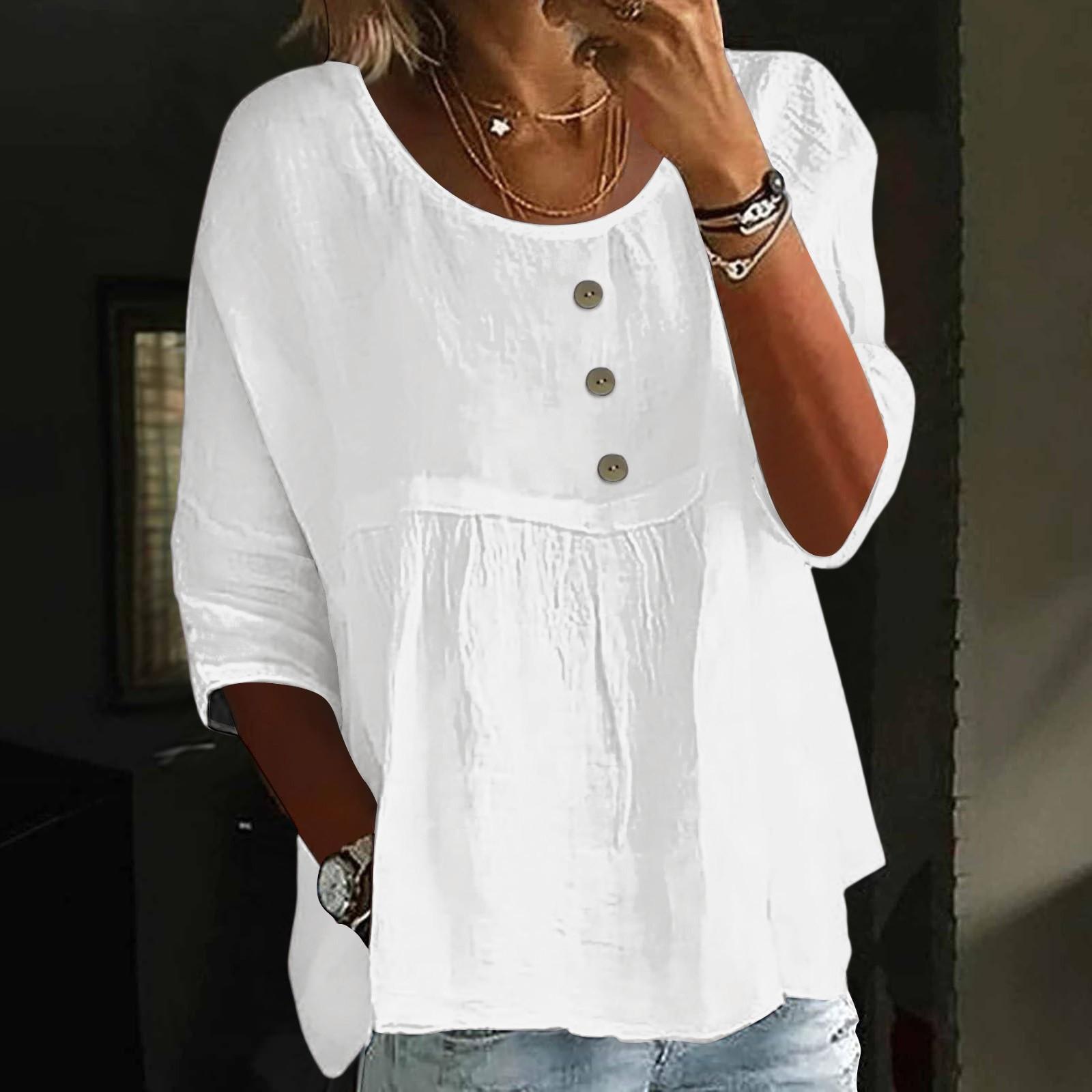 

Женский повседневный модный топ с рукавом три четверти, свободного кроя, с круглым вырезом и пуговицами, однотонный XXL белый