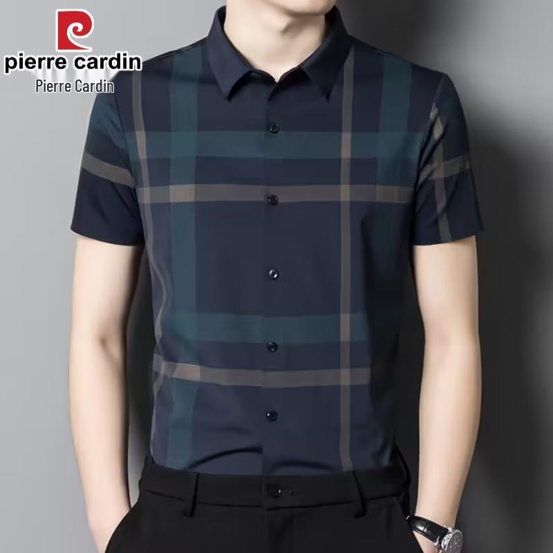 Pierre Cardin Men's Seamless Ice Silk Checkered Short-Sleeve Shirt