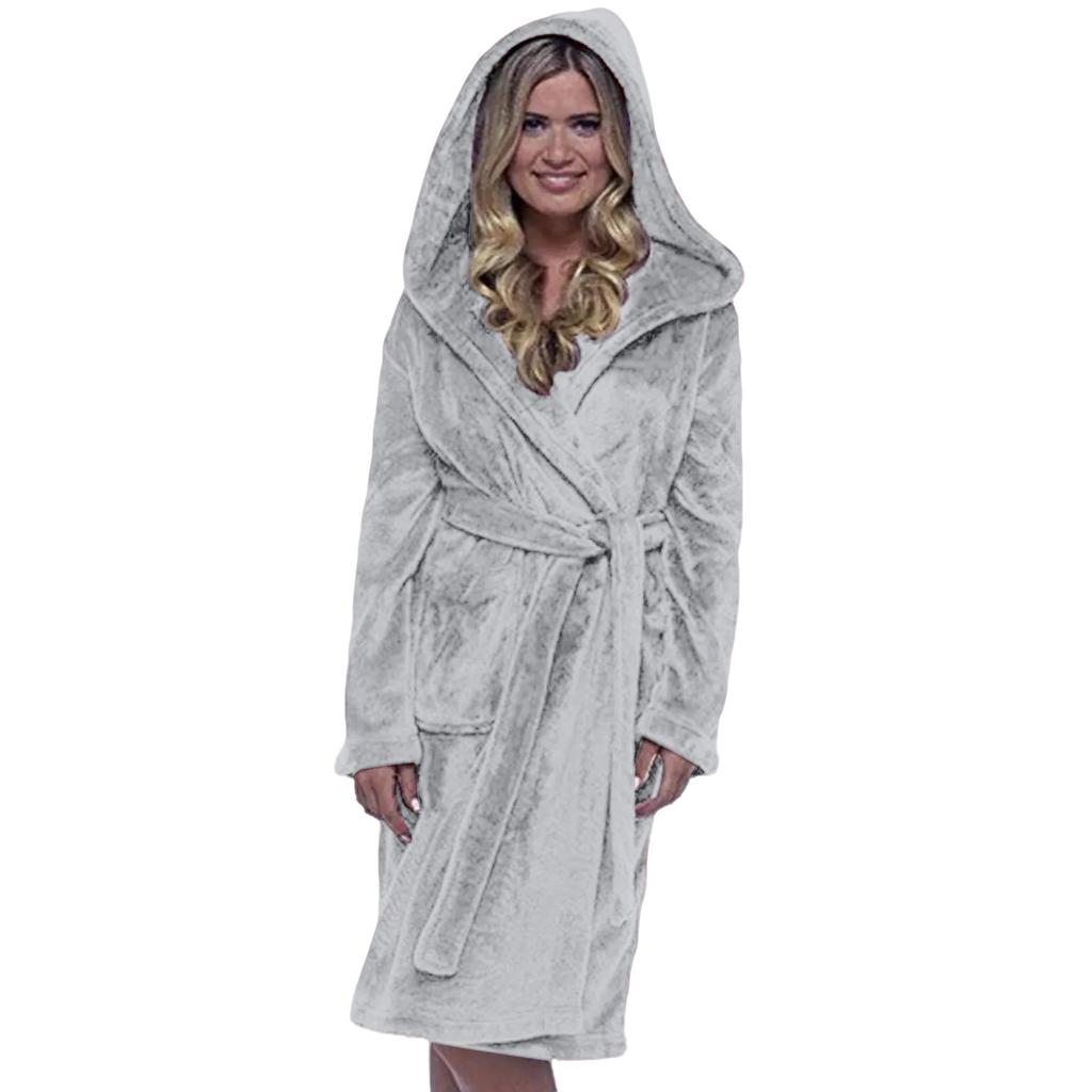 Women's Solid Color Long Sleeved Plush Bathrobe With Belt