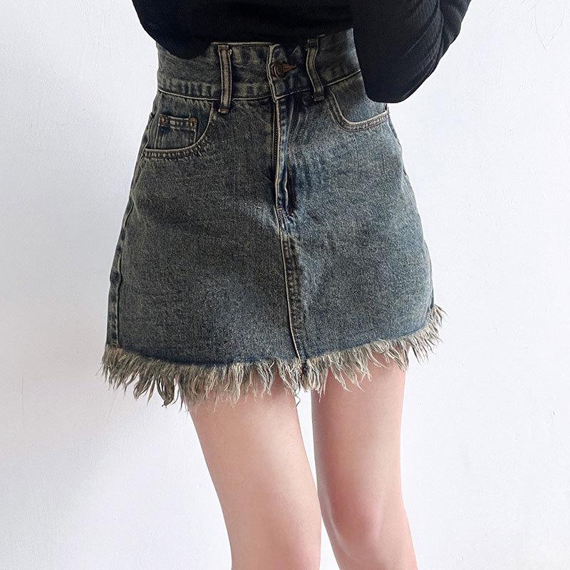 Classic Versatile Youthful Raw Edge Tassel Bustier Skirt High Waist Thin Big Yards A-line Package Hip Skirt Retro Ladies Summer Fashion Cowboy Skirt