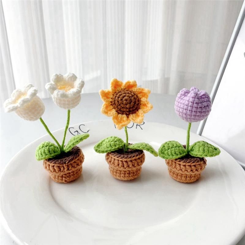 Practical-Flowers Potted Crochet Artificial Plants Finished Woven Gift Table Decoration 1 PCS D