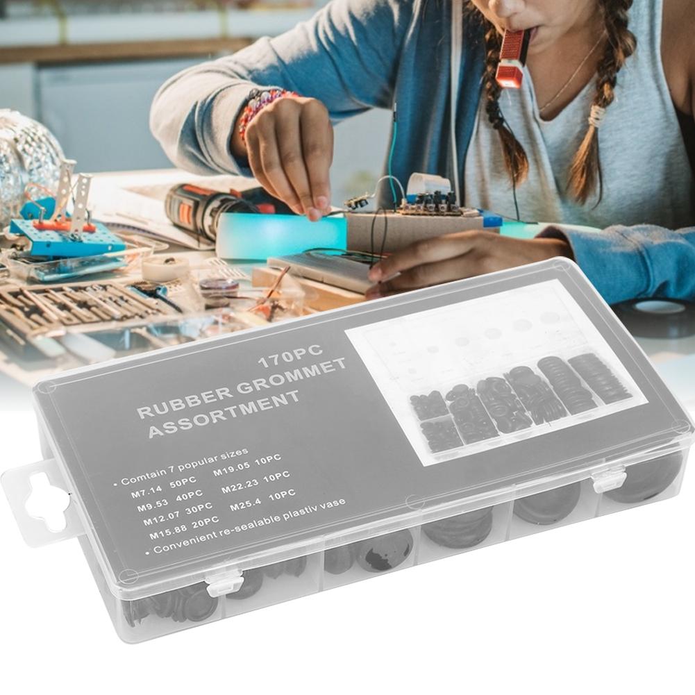 170pcs Black Closed Seal Ring Electrical Wiring Cable Gasket Kit Rubber Grommet Set with Plastic Box