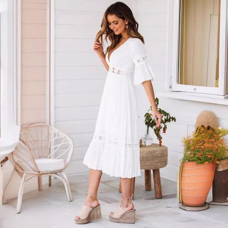 Weißes Damenkleid Sommer V-Spitze Ausgestellte Ärmel Elegant A-Linie Kurze Kleider für Damen Mode Lässig Locker Urlaub Strand Büro Damenkleid
