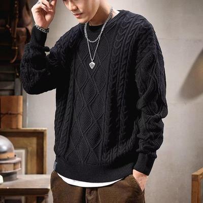 Large Size Autumn Retro Sweater Men's Loose Double-strand Thick Twist Casual Sweater Men's Pullover Round Neck Sweater Trendy