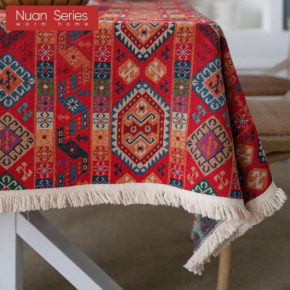 1PC Nuan Series Artistic Jacquard Romantic Style Polyester Tablecloth with Tassels for Dining Table Coffee Table Makeup Table Home Decor