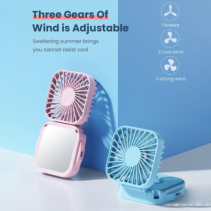 Outdoor Pocket Fan Usb Rechargeable With Vanity Mirror Desktop Square Mute Neck Fan Hanging Folding Handheld Portable Mini Fan