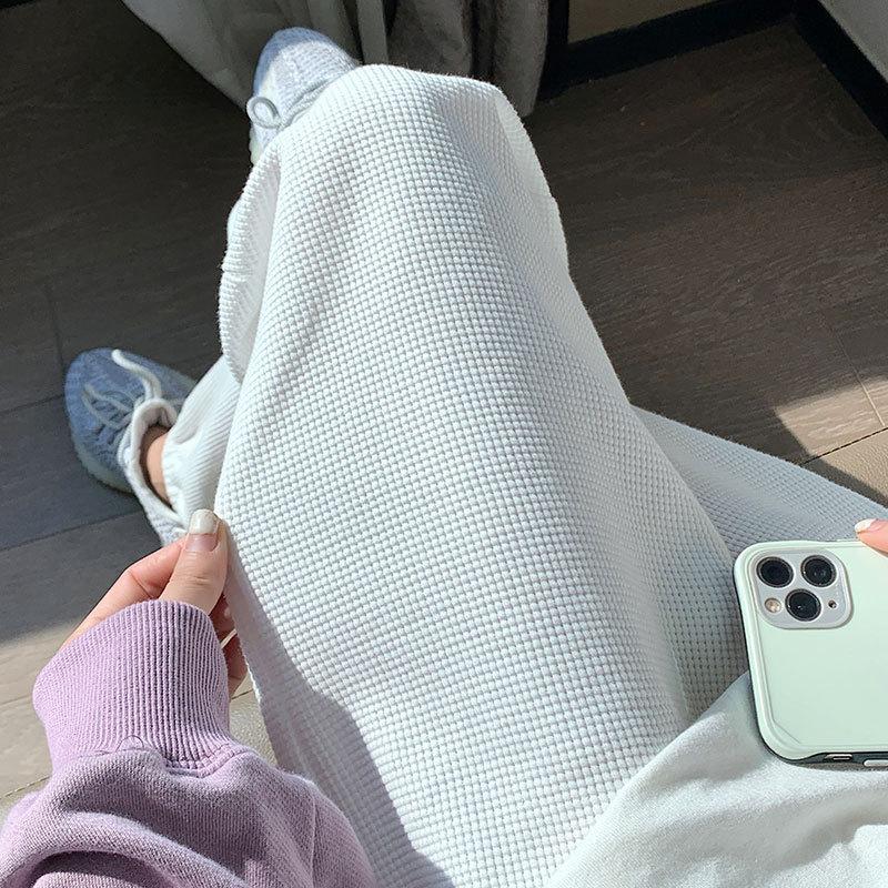 Women's Mid Rise Joggers Loose Fit Waffle Knit Casual Pants Harem Sweatpants Solid Color Trousers For Spring Daily Wear