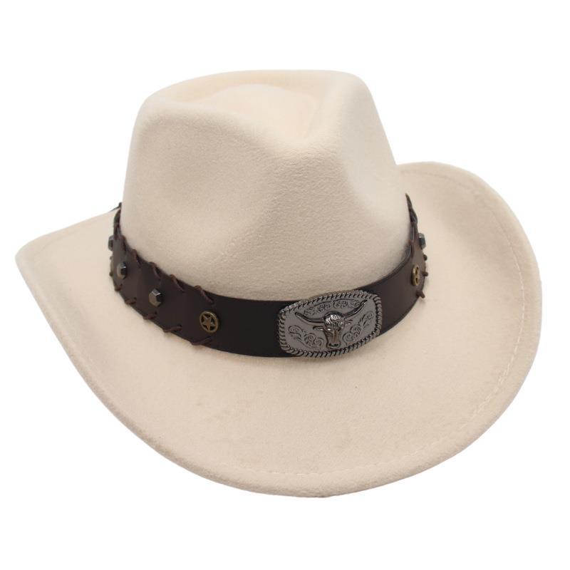 Gekreuztes Stierkopf-Abzeichen Zylinderhut Westlicher Cowboyhut Britischer Jazzhut Nationaler Stil Filzhut Ritterhut Elegant