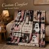 Coperta Plaid Patchwork Zucca Fantasma Rosa, Fiocco di Pizzo Stampa Floreale Morbida Coperta in Flanella per Decorazioni Autunnali