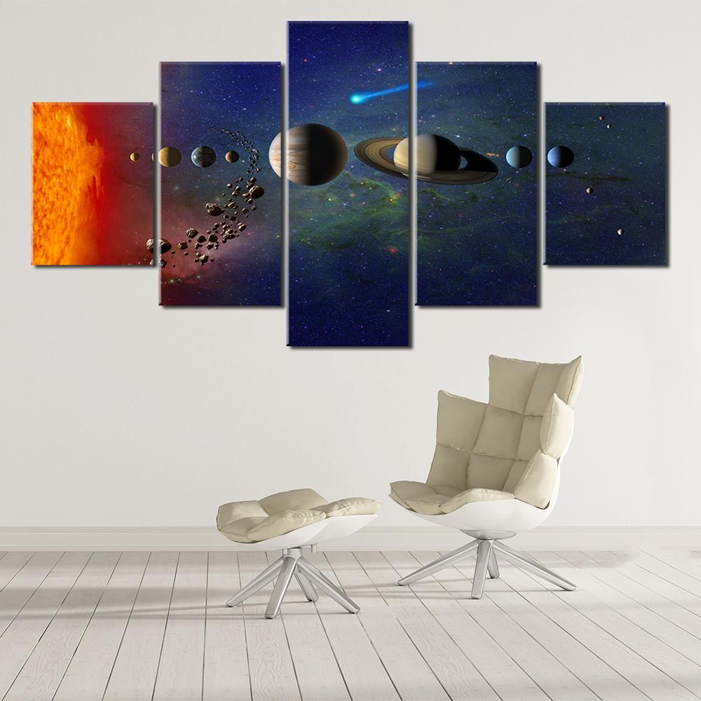 5 Panel Space Space Moon Poster Silk Cloth Earth Canvas Painting Wall Art Planet Satellite Solar System Living Room Decoration