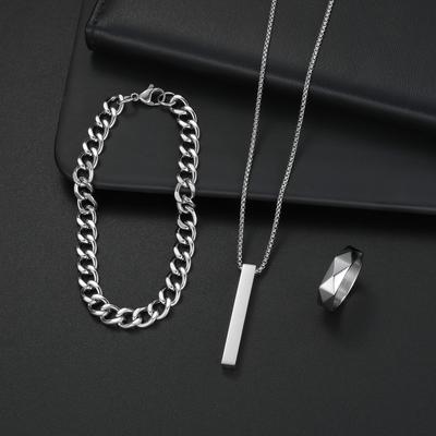3-teiliges Edelstahl-Anzug-Zirkon-Set für Herren, Hip-Hop Rechteck-Anhänger Halskette, Armband und Ring Set