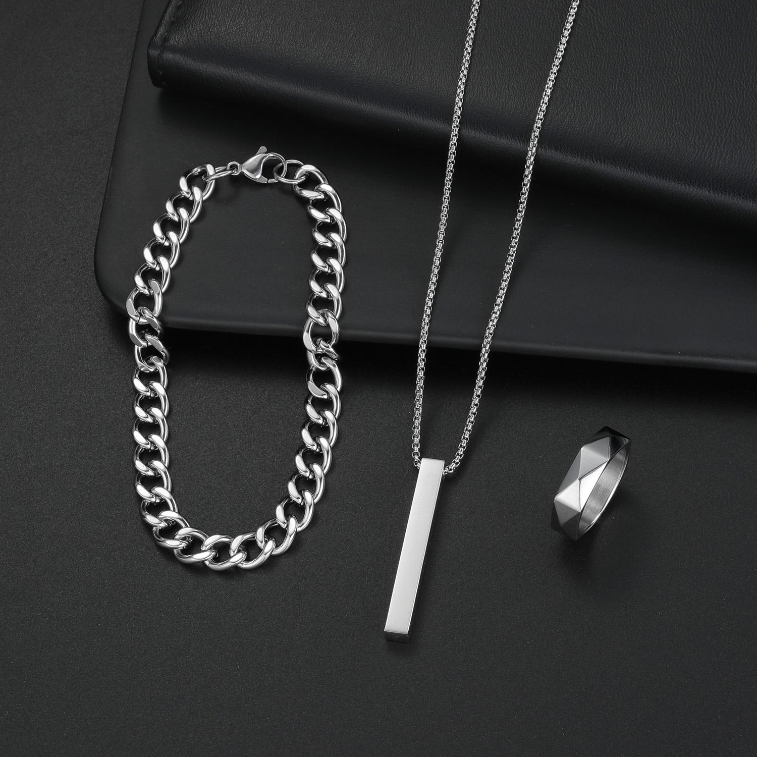 

Набор из 3 предметов из нержавеющей стали с цирконами для мужчин, хип-хоп прямоугольная подвеска-ожерелье, набор браслета и кольца 9&60cm медный