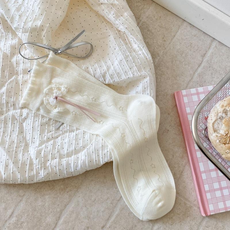 Cream White Hollow Breathable Cotton Ruffle Bow Calf Socks Kawaii Jk Lolita Daily Party Dress Accessory Women Socks