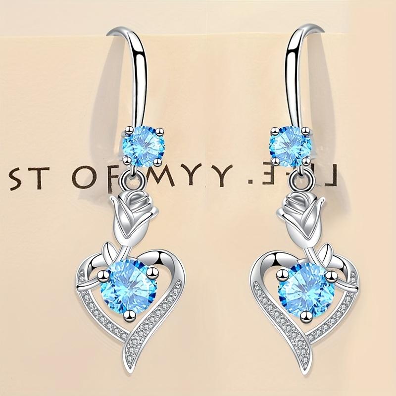 

Серьги-подвески в форме сердца серебряного цвета для свадьбы, романтические женские серьги-аксессуары, блестящие круглые серьги с белым розовым аквамариновым камнем и цветочными розами цвет морской волны