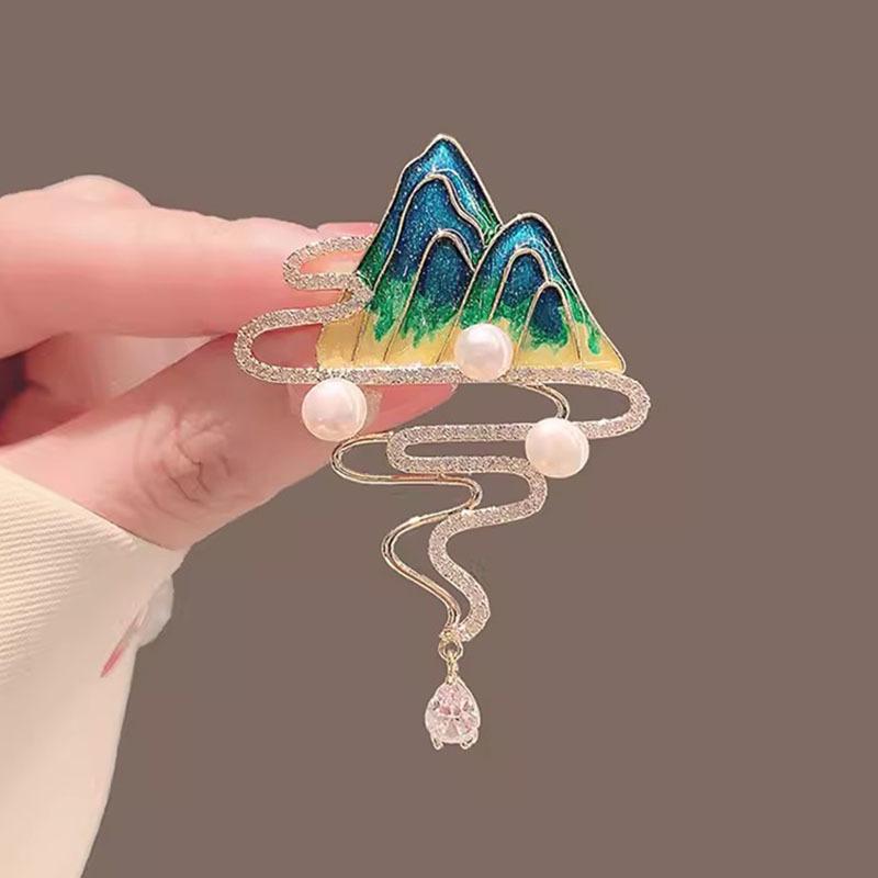 Chinese fashion Wanli mountains and rivers brooch high-end new pearl corsage pin coat anti-light accessories