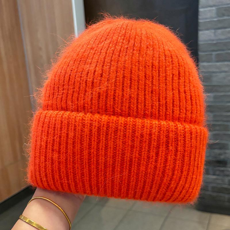 Winter angora rabbit fur warm solid color light board wool hat women's autumn and winter candy color vertical striped knitted hat