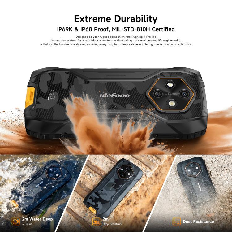 Ulefone RugKing 4 Pro, 8GB+256GB, Telefono Robusto IP68/IP69K, 6,56 pollici Android 15 Unisoc T7250 Octa Core, Rete: 4G, NFC, OTG