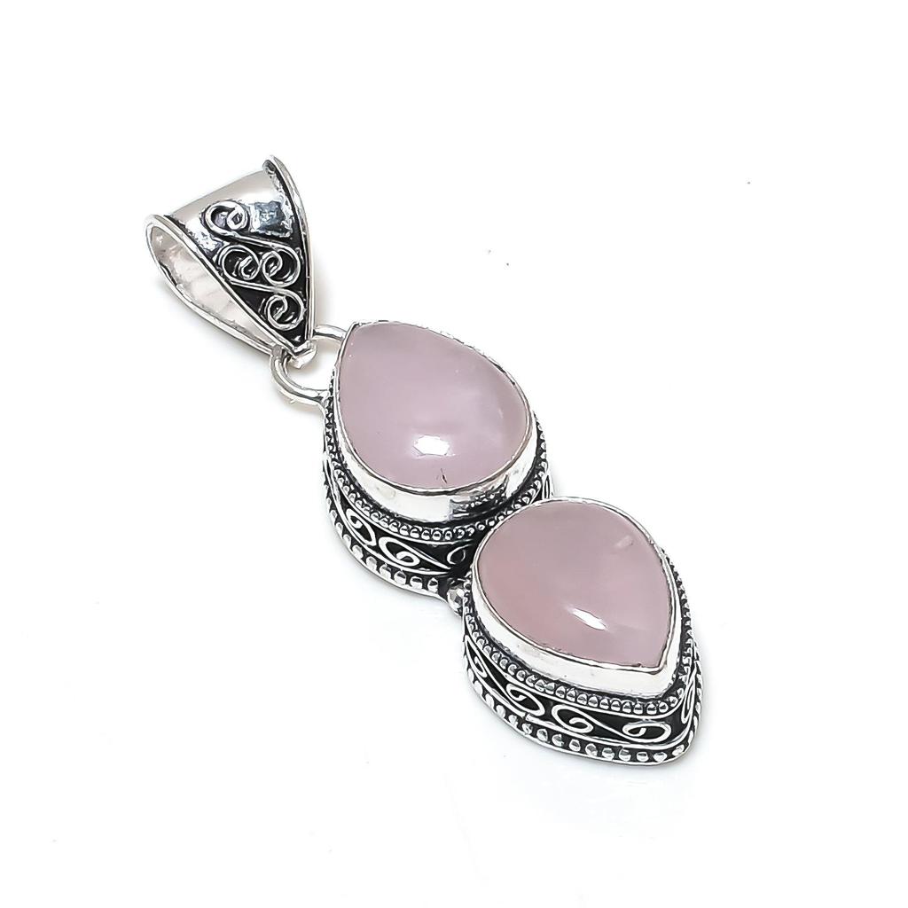 Natural Rose Quartz Gemstone Silver Pendant in 925 Sterling Silver - Handmade Pear Design, Everyday Wear Jewelry Engagement Gift
