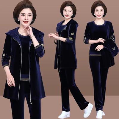Survêtement en velours pour maman pour femmes, tenue brodée grande taille 3 pièces, décontracté, fermeture éclair, gilet à capuche + T-Shirt + pantalon, ensemble survêtement