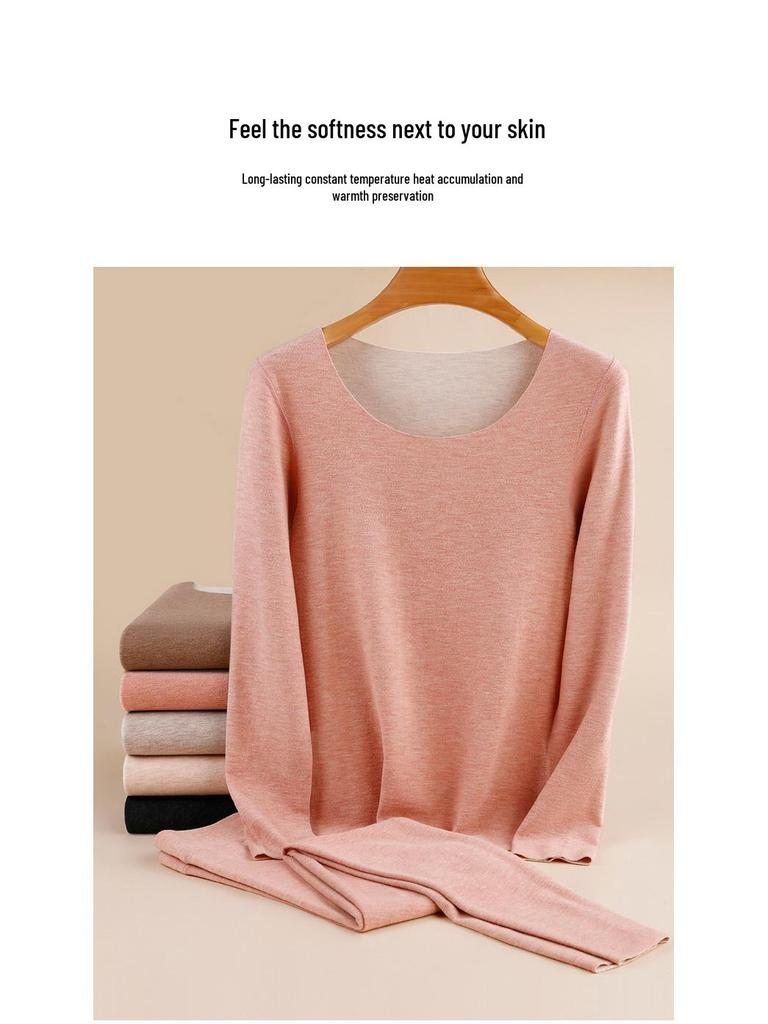 Women's Winter Fleece-Lined Silk Wool Underwear Set - Extra Thick Heat-Generating Base Layer for Autumn.