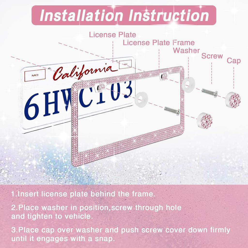 2 Pack Bling License Plate Frames Premium Sparkly License Plate Frame for Women Durable Pink Bling Car Accessories