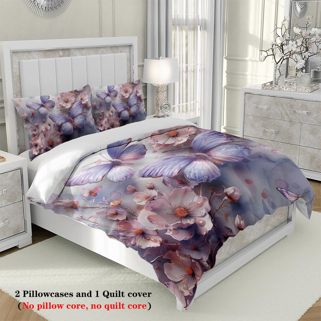 3pcs 3D Floral and Butterfly Pattern Bedding Set, 1 Duvet Cover+2 Pillowcases, Soft and Fashionable Home Decoration for Bedroom