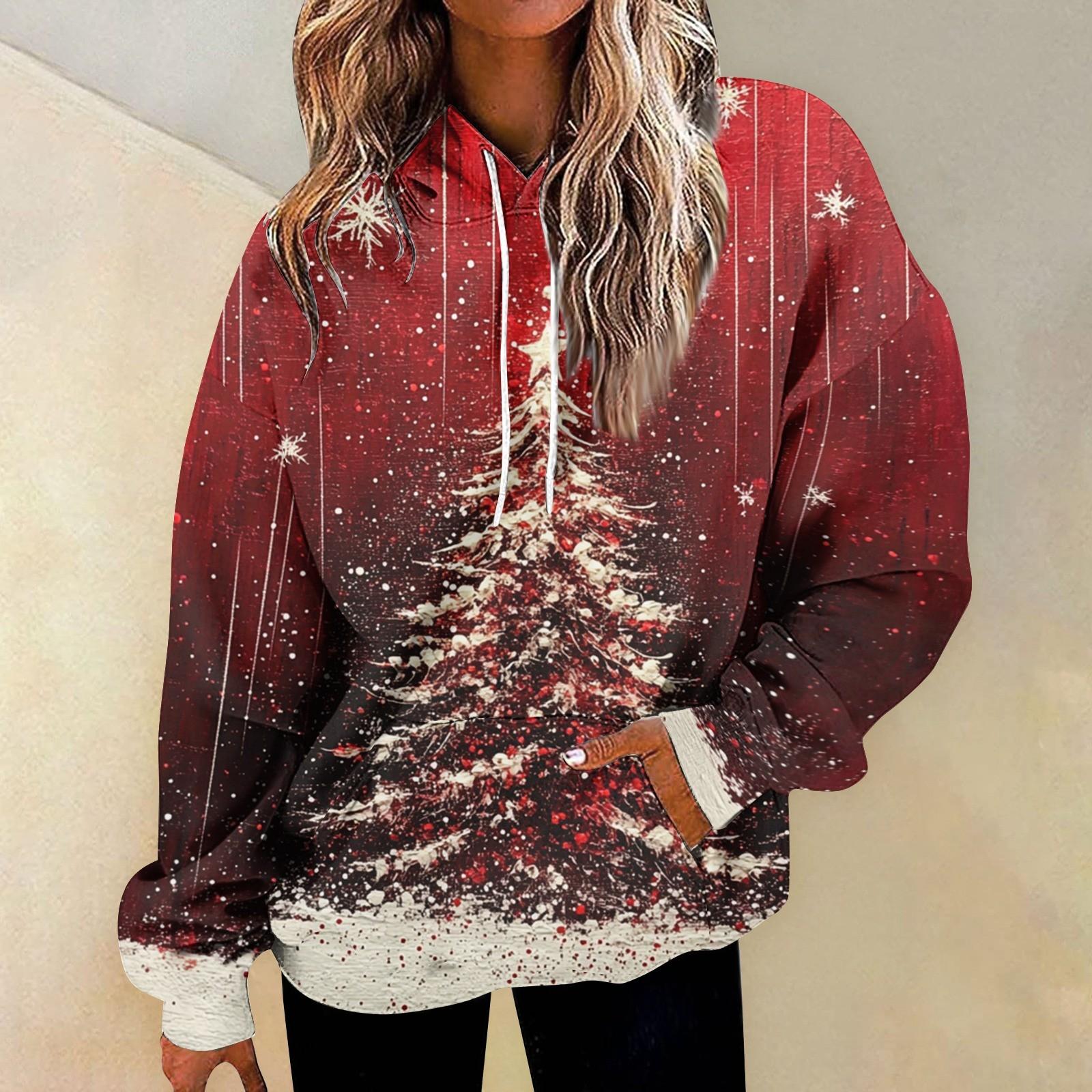 

Женская рождественская принтовая объемная толстовка с завязками и карманом, модный свитер, топы, модная одежда XL красный