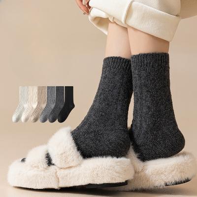 Thickened Wool Socks for Autumn and Winter, Women's Thickened and Fleece Warm Mid-calf Socks, Solid Color Home Socks
