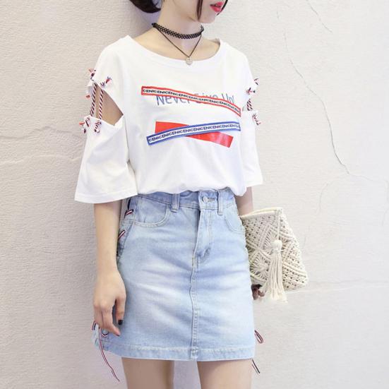 Vintage Women Letter Hollow Half Sleeve Round Neck Loose Tee Top T-shirt Bluzka