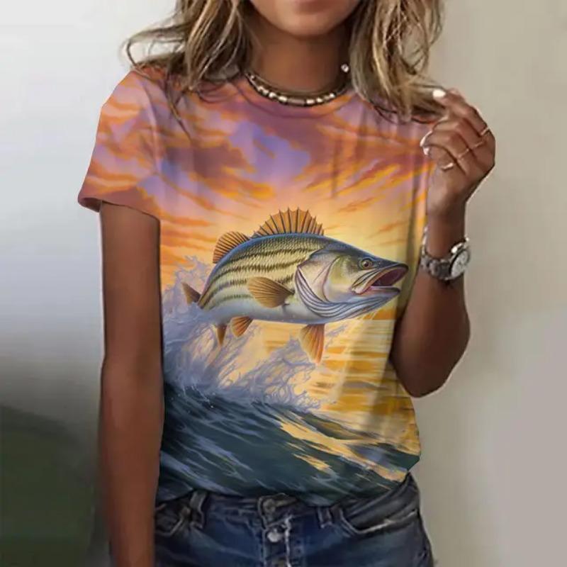 Women's Summer Fashion Casual Loose Plus Size Pattern Fish Print Round Neck Short Sleeved 3D T-shirt Top 6XL