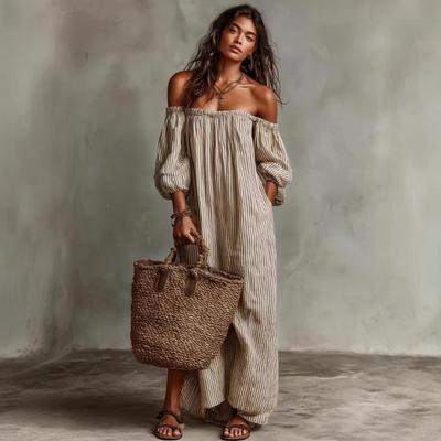 European and American Summer New Elegant Casual Loose One-word Collar Striped Dress
