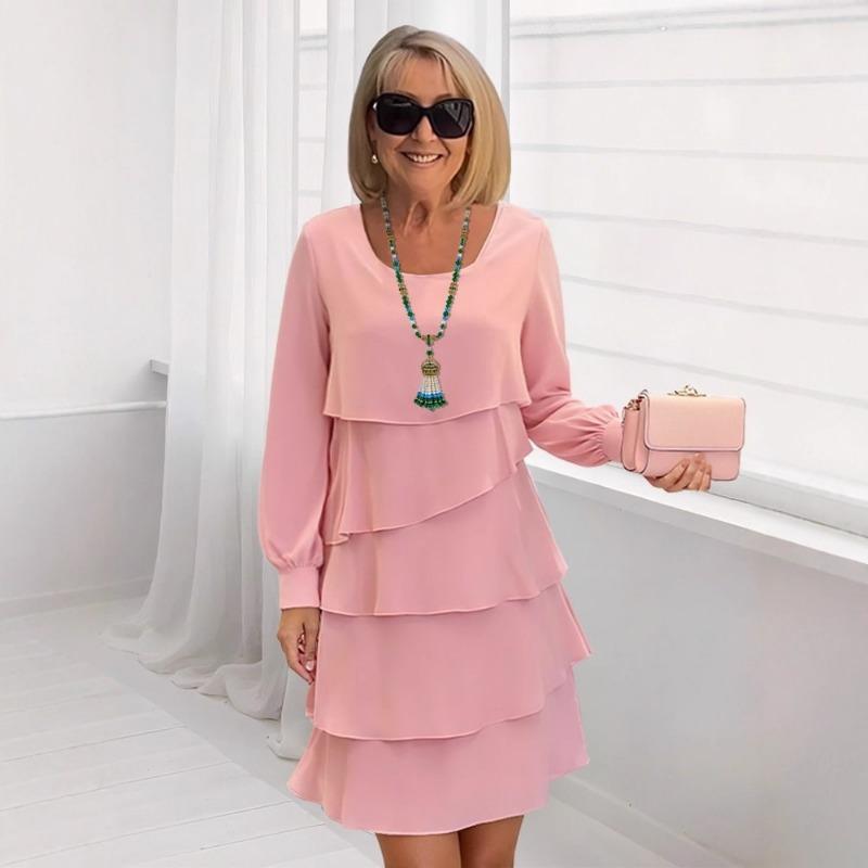 2025 Autumn Fashion Cake Skirt Women's Temperament Loose Slim Round Neck Long Sleeve Dress