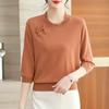 Seven Inch Ice Silk Knitted Shirt with Middle Sleeve Spring and Summer Thin Loose Mom Chinese Style Buckle Lace Top