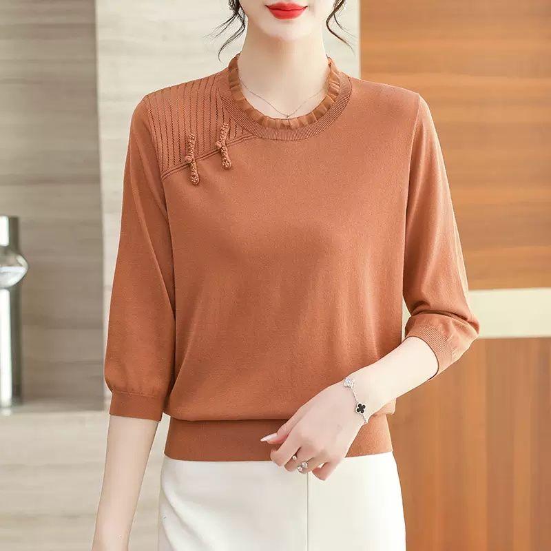 Seven Inch Ice Silk Knitted Shirt with Middle Sleeve Spring and Summer Thin Loose Mom Chinese Style Buckle Lace Top