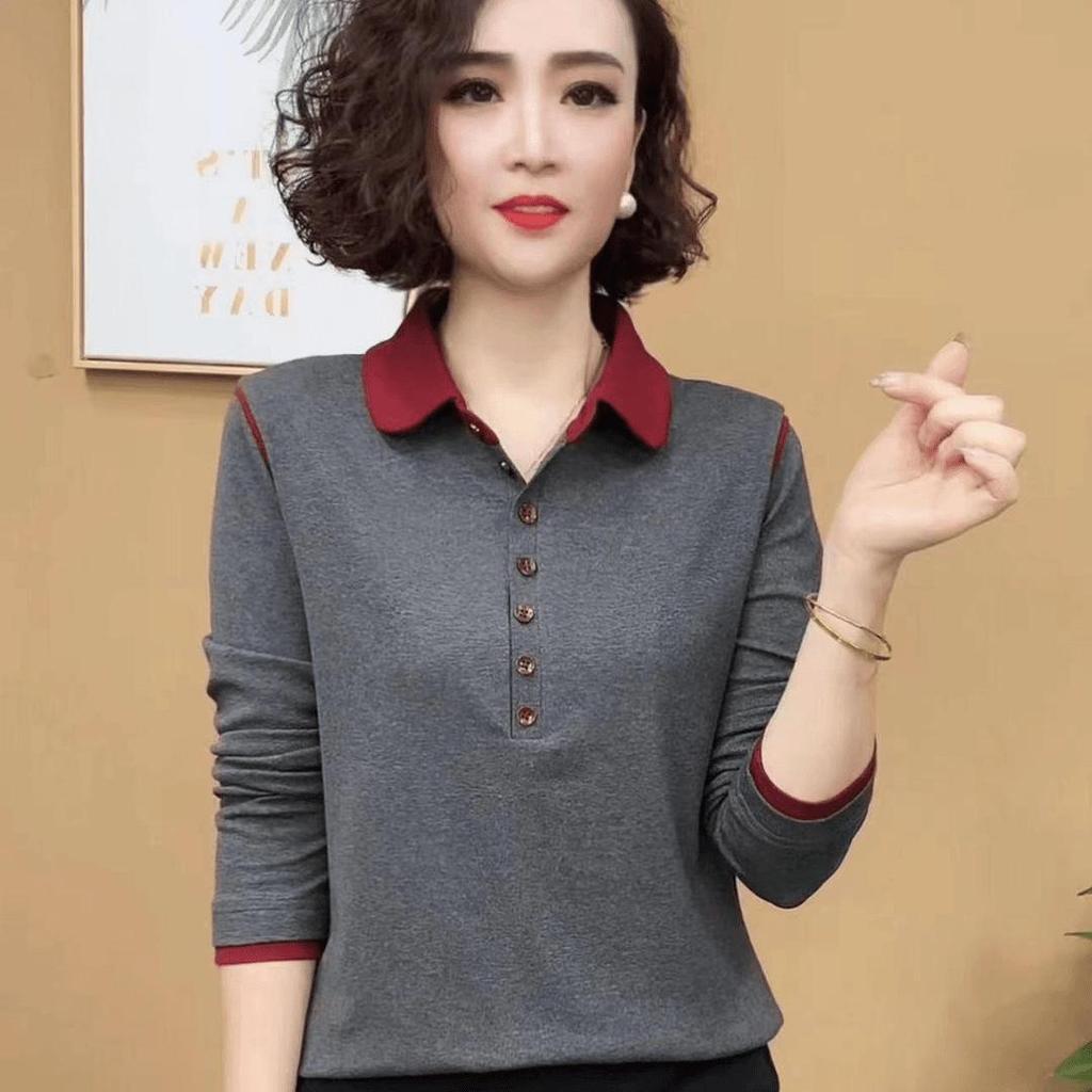 Chemise Polo à Manches Longues pour Femme - Printemps/Automne Base Polyvalente Réduisant l'Âge