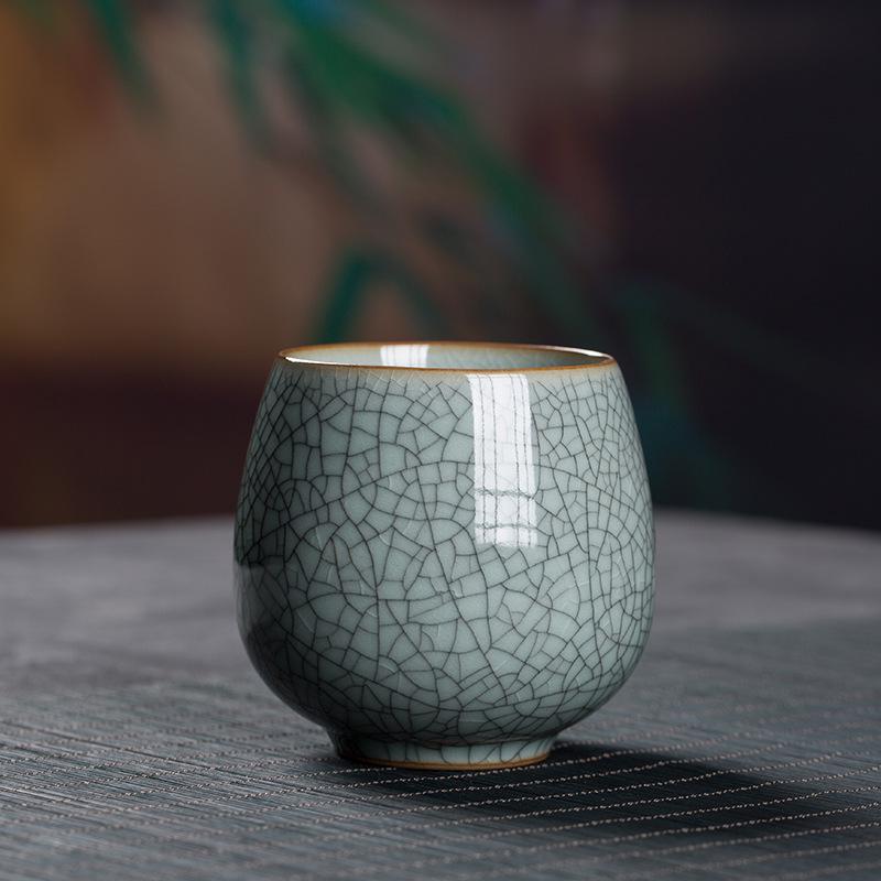 Longquan Celadon Ceramic Tea Cup - Handleless, Engravable, with Ice Crack Design for Home or Office Use