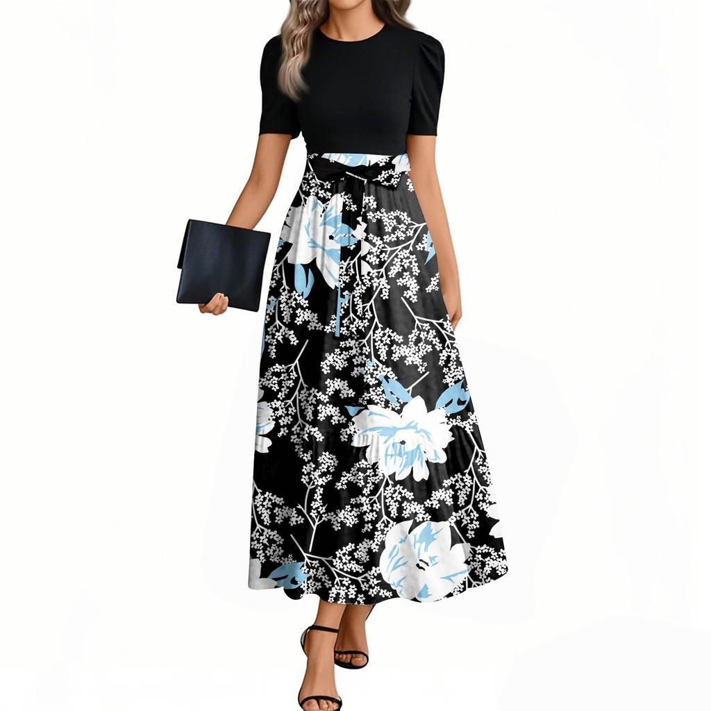 Women's Fashion Casual Belted Round Neck Short Sleeve Floral Patchwork Elegant Dresses