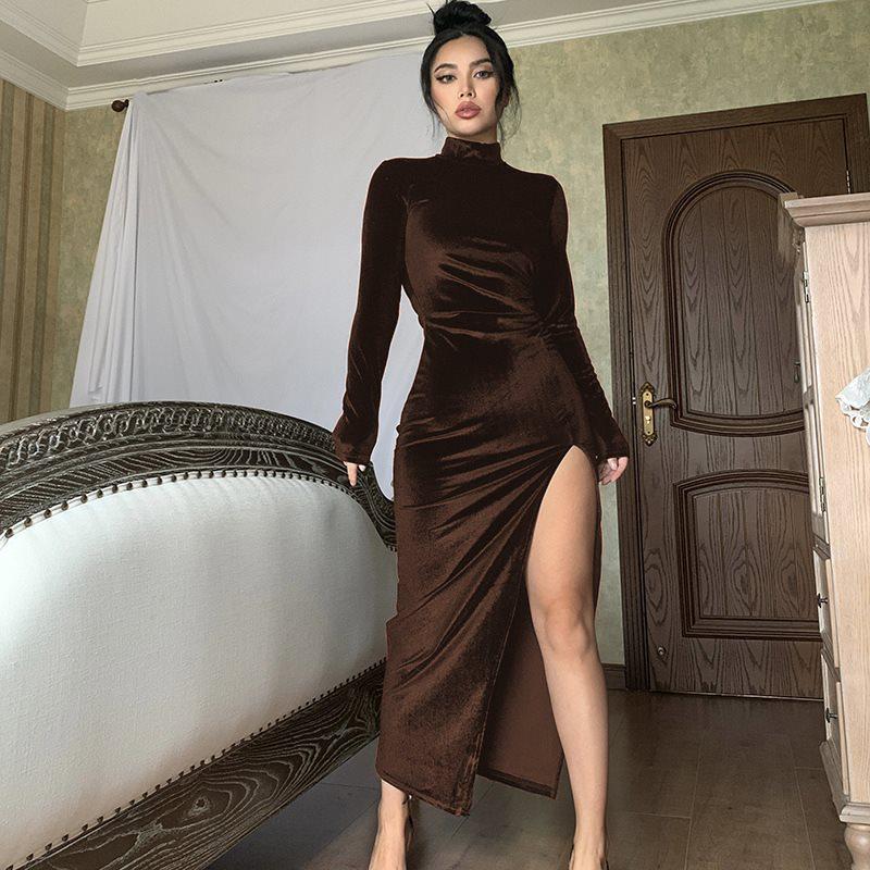 2023 European & American Style High Neck Velvet Long Dress with Slim Fit, Ruched Detailing & Slit - Autumn/Winter Women’s Fashion