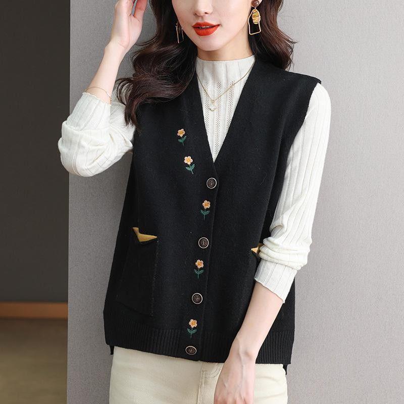Embroidered V-neck Vest Cardigan Women's Spring and Autumn Vest Loose Knitted Cardigan Sweater Vest