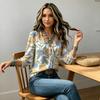 Blusa Retro Floral Pastoral para Mujer, Cuello en V con Lazo, Manga de Volantes 3/4, Estilo Holgado Romántico, Para Visita al Campo, Viaje de Vacaciones, Casual Diario