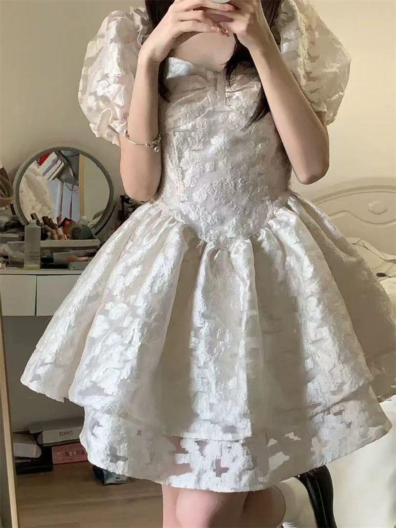 Summer new jacquard doll skirt bubble sleeve dress retro college style sweet splicing square neck princess dress S
