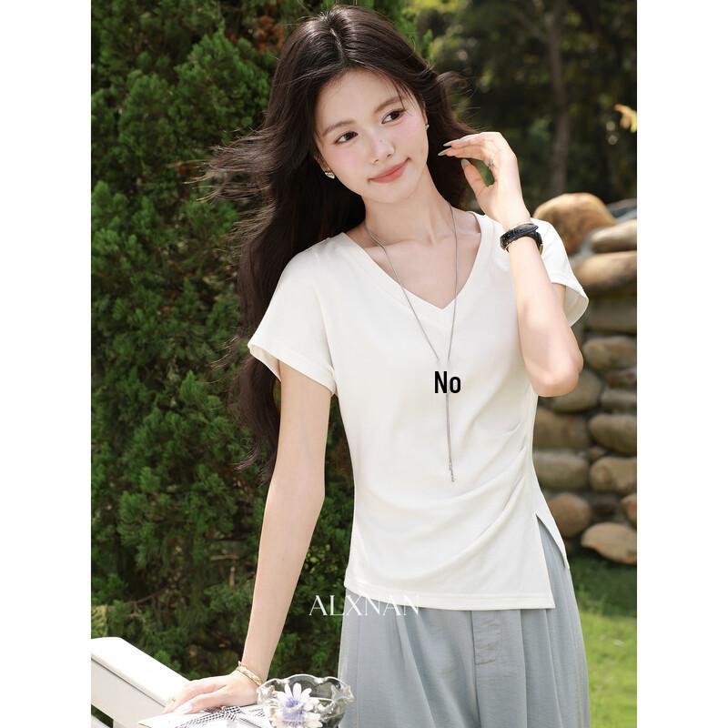 Elegant French Split V-neck Short Sleeve T-shirt L
