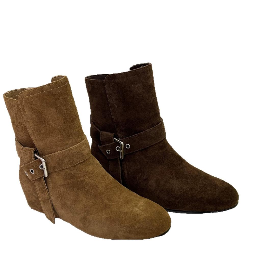 Sheepskin version~ Maillard suede inner height increase round head cowboy boots short boots women's 2025 new belt buckle Martin boots