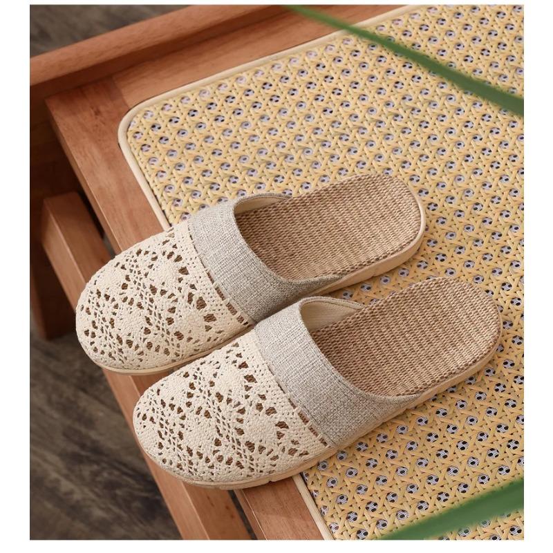 Women Indoor Linen Slippers Spring Summer Shoes Anti Slip Light Weight Breathable Lace Couples Home Floor Slides