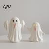 Decorative Ghost Sculpture Light Up Ceramic Figurines for Halloween Decor, Cute White Statue Gift Party with Pink Tongue, LED Night Home Table Office