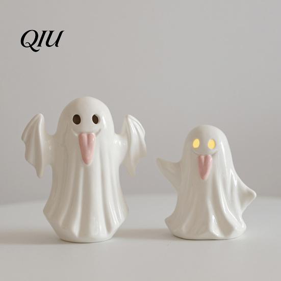 Decorative Ghost Sculpture Light Up Ceramic Figurines for Halloween Decor, Cute White Statue Gift Party with Pink Tongue, LED Night Home Table Office
